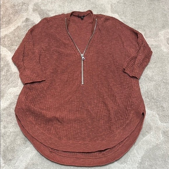 Express Sweaters - Express Rust V-Neck Zip Sweater with Relaxed Fit